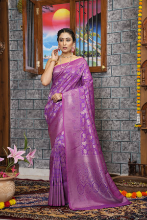 Purple color kanjivaram silk saree with zari weaving work