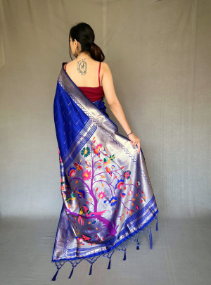 Royal blue color paithani silk saree with zari weaving work