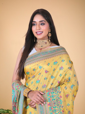 Lemon yellow color banarasi silk saree with woven design