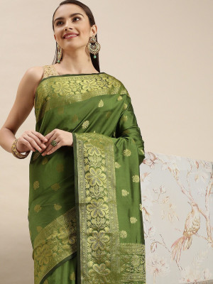 Mahendi green color lichi silk saree with zari weaving work