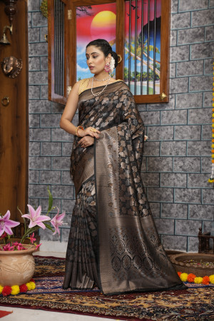 Black color kanjivaram silk saree with zari weaving work