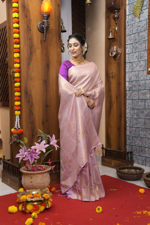 Lavender color kanjivaram silk saree with zari weaving work