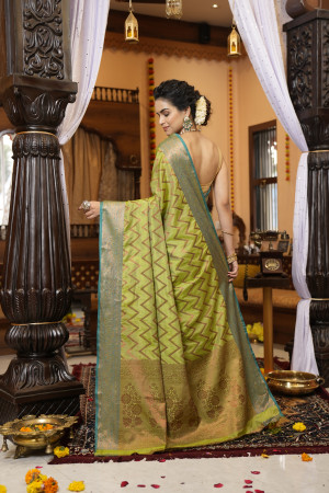 Parrot green color soft linen silk saree with zari weaving work