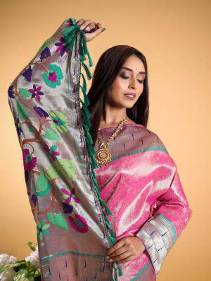 Baby pink color tissue silk saree with woven design