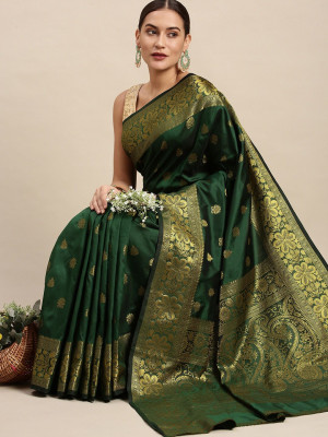 Dark green color lichi silk saree with zari weaving work