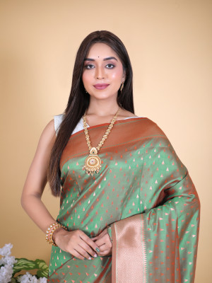 Mahendi green color paithani silk saree with zari weaving work