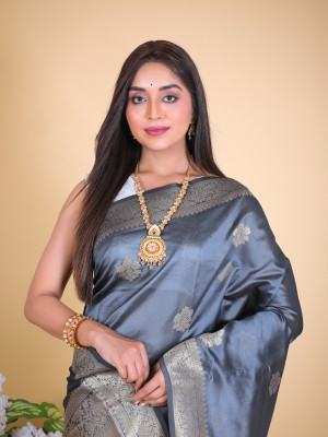 Gray color soft banarasi silk saree with zari weaving work
