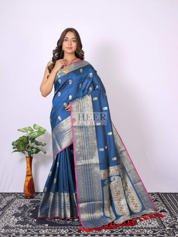 Navy Blue Banarasi Organza Silver Zari Work Floral Design Embroidery Saree main image 1
