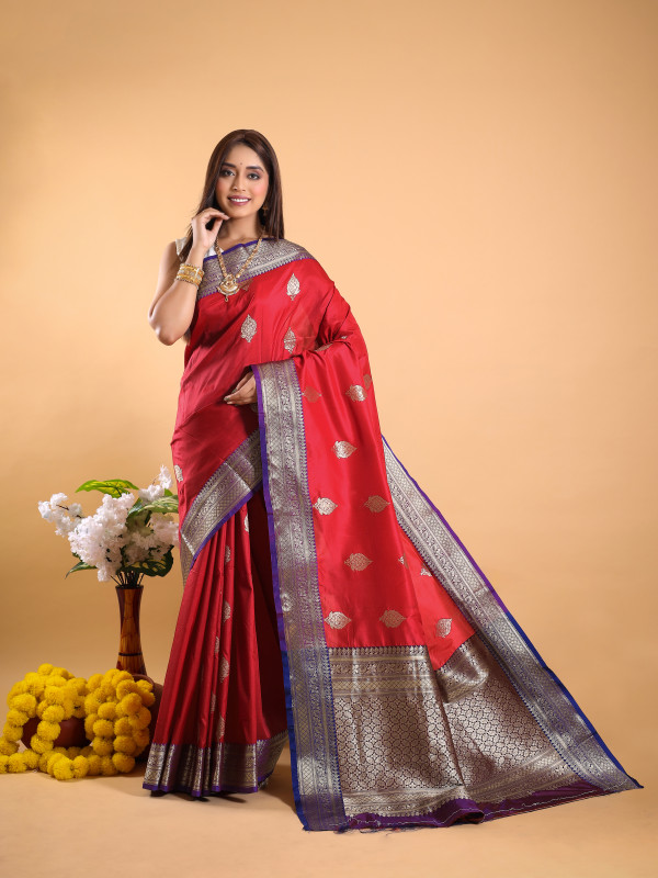 DEEP RED BRONZE ZARI WOVEN KANJIVARAM SILK SAREE – Zaribanaras global