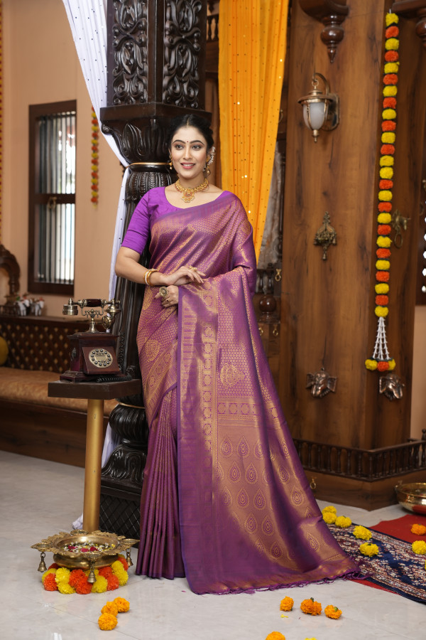 Shop Purple Kanchipuram Silk Saree Online in USA with Yellow Zari Pallu –  Pure Elegance