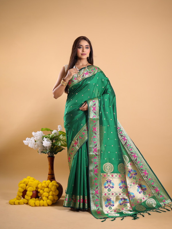 Dark green color paithani silk saree with zari woven work