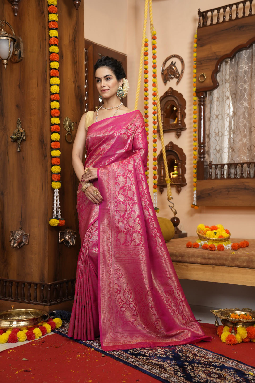 Sarara Rani Color Rani pink color banarasi silk saree with zari weaving work