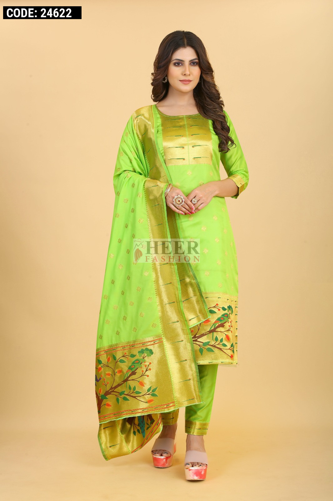 parrot green colour dresses Parrot Color Zari Weaving Work Zari Chex Wedding Dress main image 1