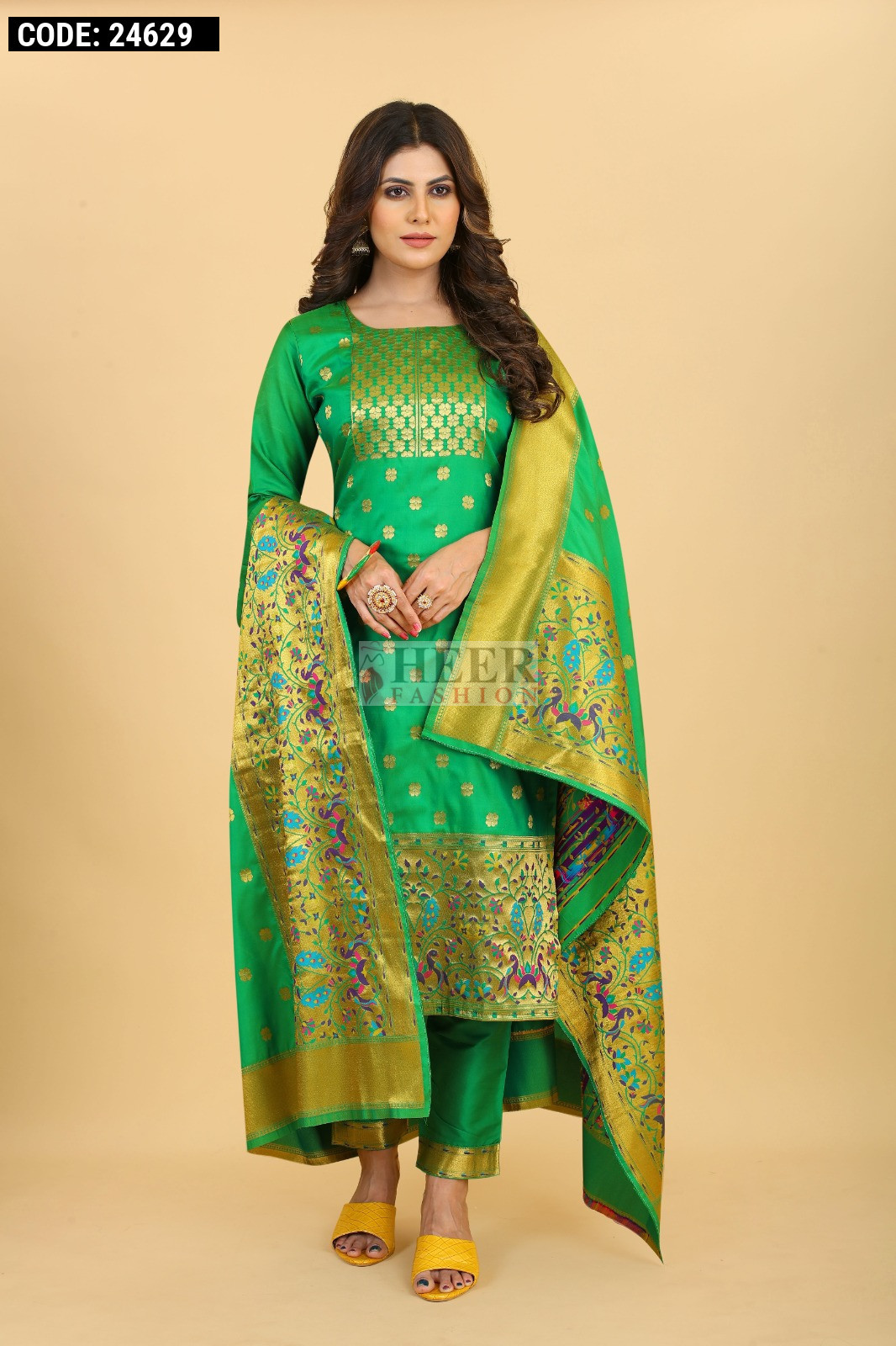 green paithani dress Green color paithani silk unstitched dress
