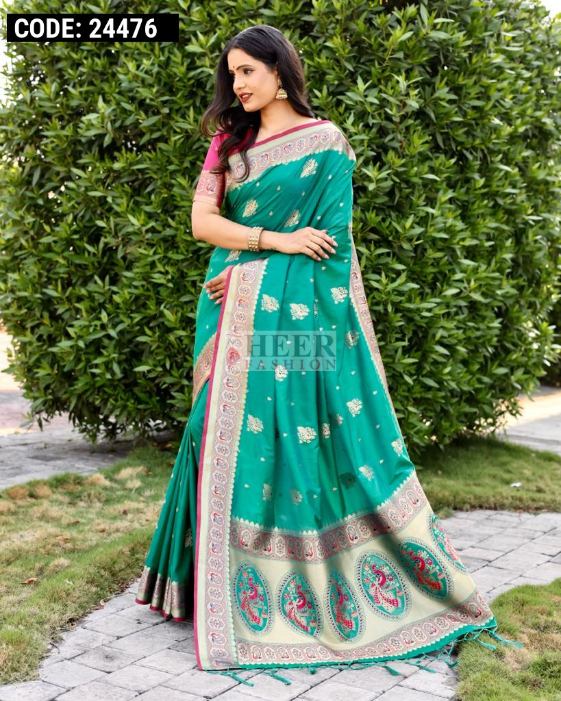 Dual tone Green Ethnic Motifs Zari Woven Saree main image 1