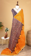 Yellow color soft cotton shibori print saree with ajrakh pallu