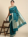 Rama green color banarasi cotton silk saree with floral woven motifs