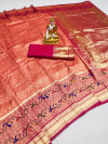 Peach color kanchipuram silk saree zari weaving work