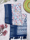 Navy blue color soft linen cotton saree with floral print & batik printed pallu