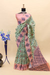 Sea green color cotton silk saree with printed work