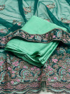 Sea green color coding chiffon saree with embroidery work