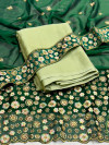 Plain pista green chiffon saree with coding embroidery & sequence blouse, belt