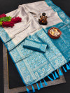 Gray and firoji color kanjivaram silk saree with zari weaving work