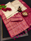 Off white and pink color kanjivaram silk saree with zari weaving work