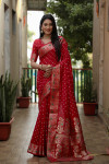 Red color hand bandhej silk saree with zari weaving work