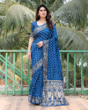 Blue color hand bandhej saree with zari weaving work