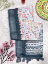 Gray color soft linen cotton saree with floral print & batik printed pallu