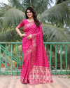 Rani pink color hand bandhej saree with zari weaving work