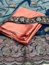 Peach color coding chiffon saree with embroidery work