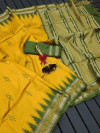 Yellow color soft tussar silk saree with weaving temple border