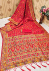 Red color pashmina silk saree with weaving work