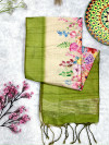 Green color soft cotton silk saree with floral printed work
