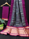 Gray color soft handloom raw silk saree with weaving work