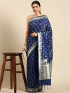 Navy blue color banarasi cotton silk saree with floral woven motifs