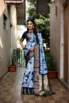 Blue color dola silk saree with sibori printed work