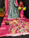 Sea green color dola silk saree with kalamkari printed design
