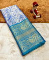 Blue color kanchipuram silk saree with zari weaving work