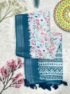 Rama green color soft linen cotton saree with floral print & batik printed pallu