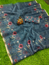 Navy blue color organza silk saree with digital printed work