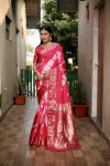 Rani pink color soft dola silk saree with sibori print & zari weaving work