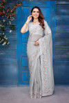 Gray color organza silk saree with diamond and embroidery work