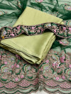 Pista green color coding chiffon saree with embroidery work