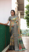 Yellow and gray color dola silk saree with kalamkari printed work