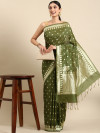 Mahendi green color banarasi cotton silk saree with floral woven motifs