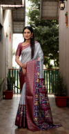 Light gray color dola silk saree with digital kalamkari printed work
