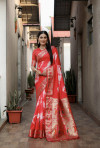 Red color soft dola silk saree with sibori print & zari weaving work